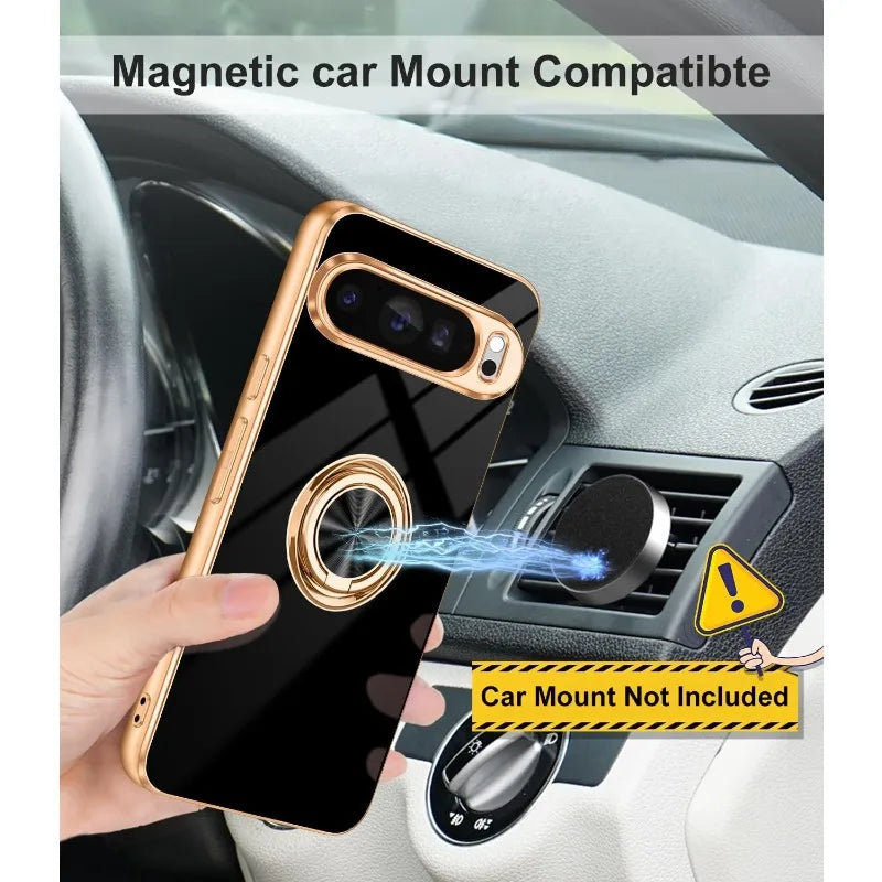Fashion Slim Soft TPU Gold Plated Phone Cover For Google Pixel 10 9 8 Pro XL Car Magnetic Ring Stand Solid Color Protective Case