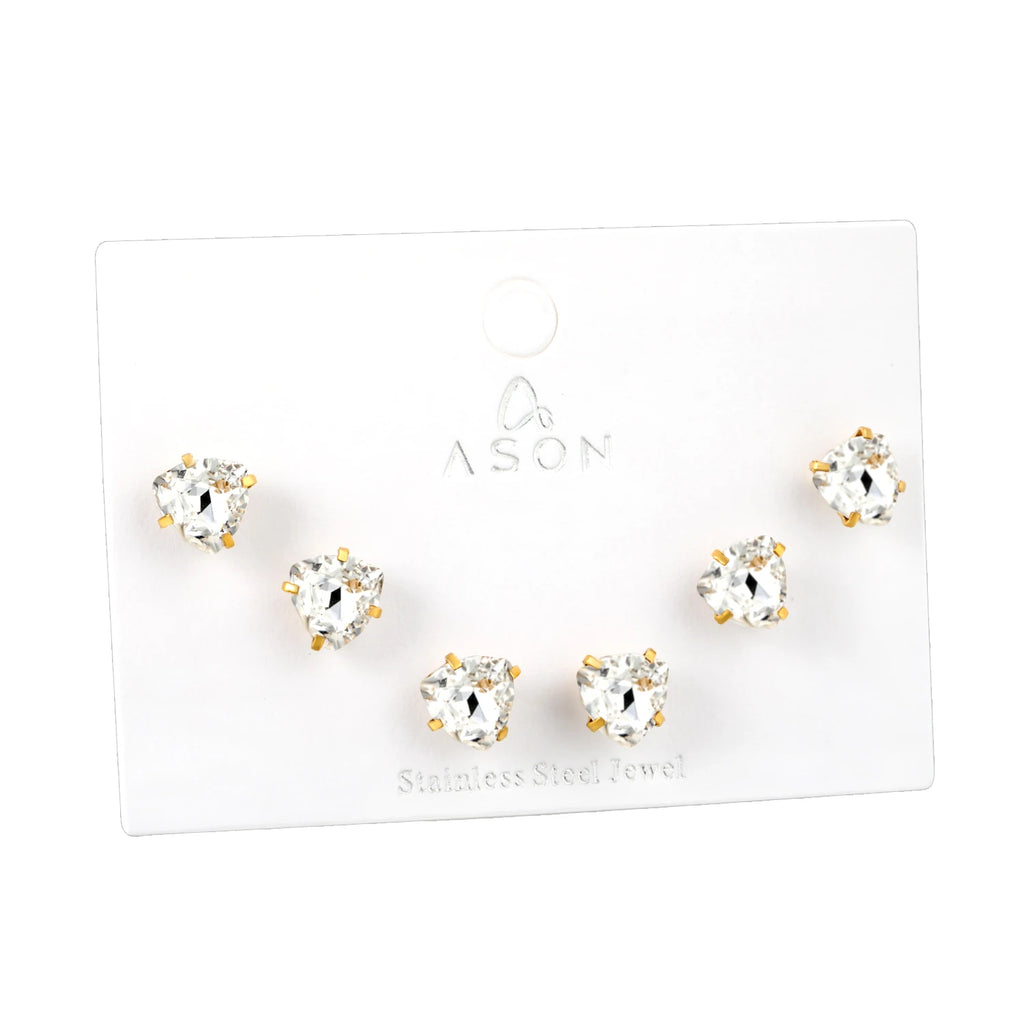 ASONSTEEL 3 Pairs/Lot Shiny Crystal Heart Stud Earrings Set Gold Color Stainless Steel For Women Stylish Romantic Jewelry Gifts
