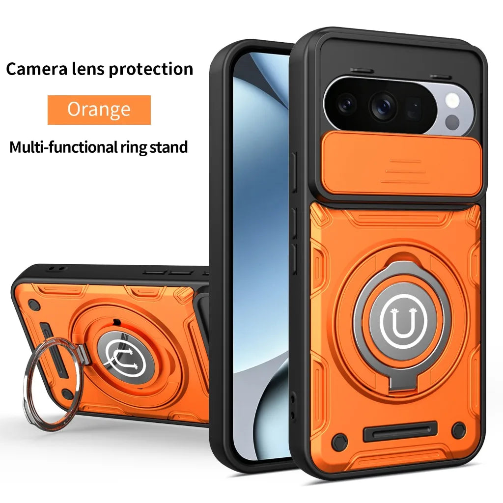 Magnetic Car Mount 360° Ring Kickstand Phone Case with Slide Camera Lens Cover For Google Pixel 9 10 Pro XL Shockproof Cover