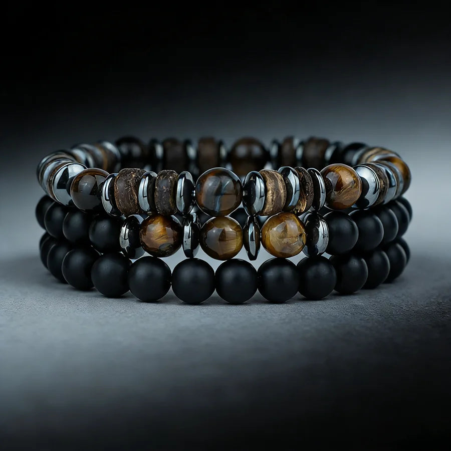 Luxury 3Pcs/Set Natural Stone Bracelet Men 8mm Grade A Onyx Tiger Eyes Wooden Beaded Meditation Braslet Charm Gift For Husband
