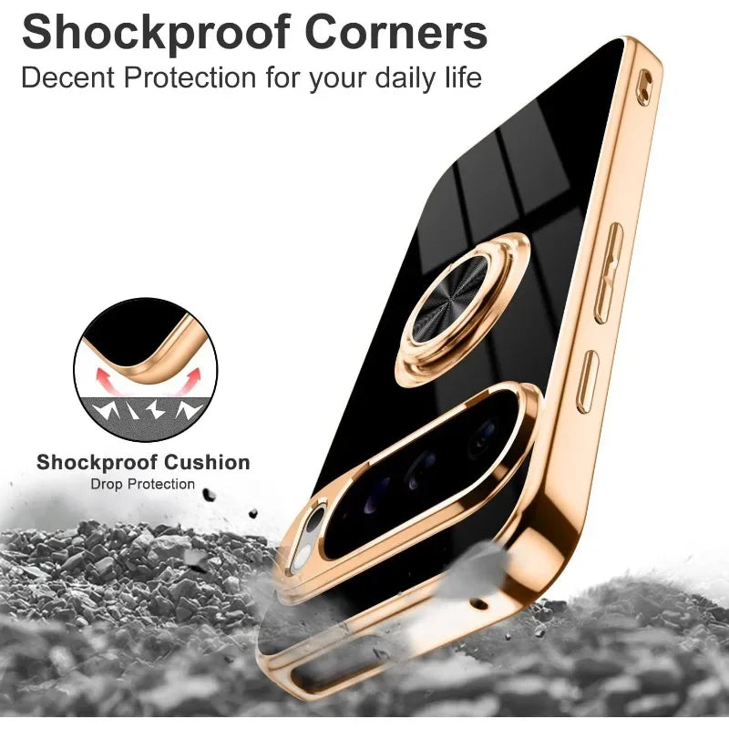 Fashion Slim Soft TPU Gold Plated Phone Cover For Google Pixel 10 9 8 Pro XL Car Magnetic Ring Stand Solid Color Protective Case