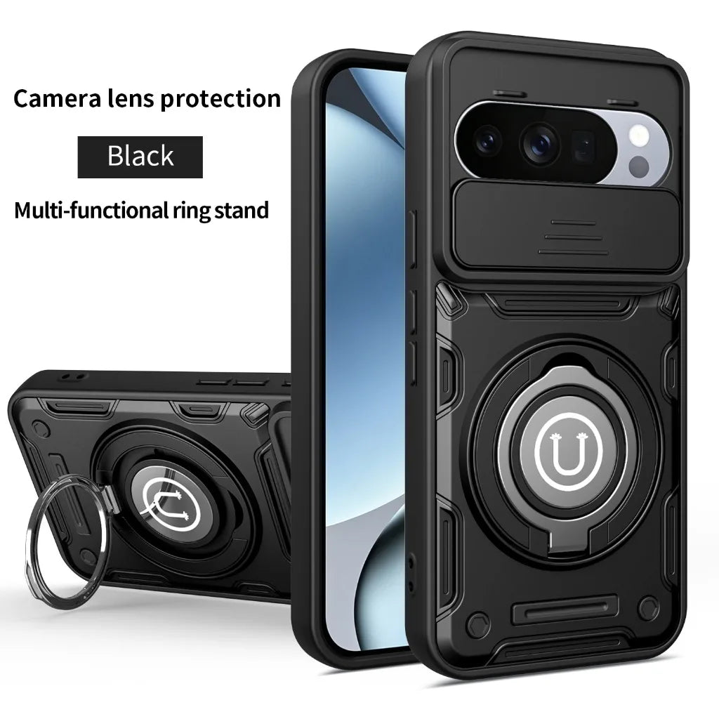 Magnetic Car Mount 360° Ring Kickstand Phone Case with Slide Camera Lens Cover For Google Pixel 9 10 Pro XL Shockproof Cover