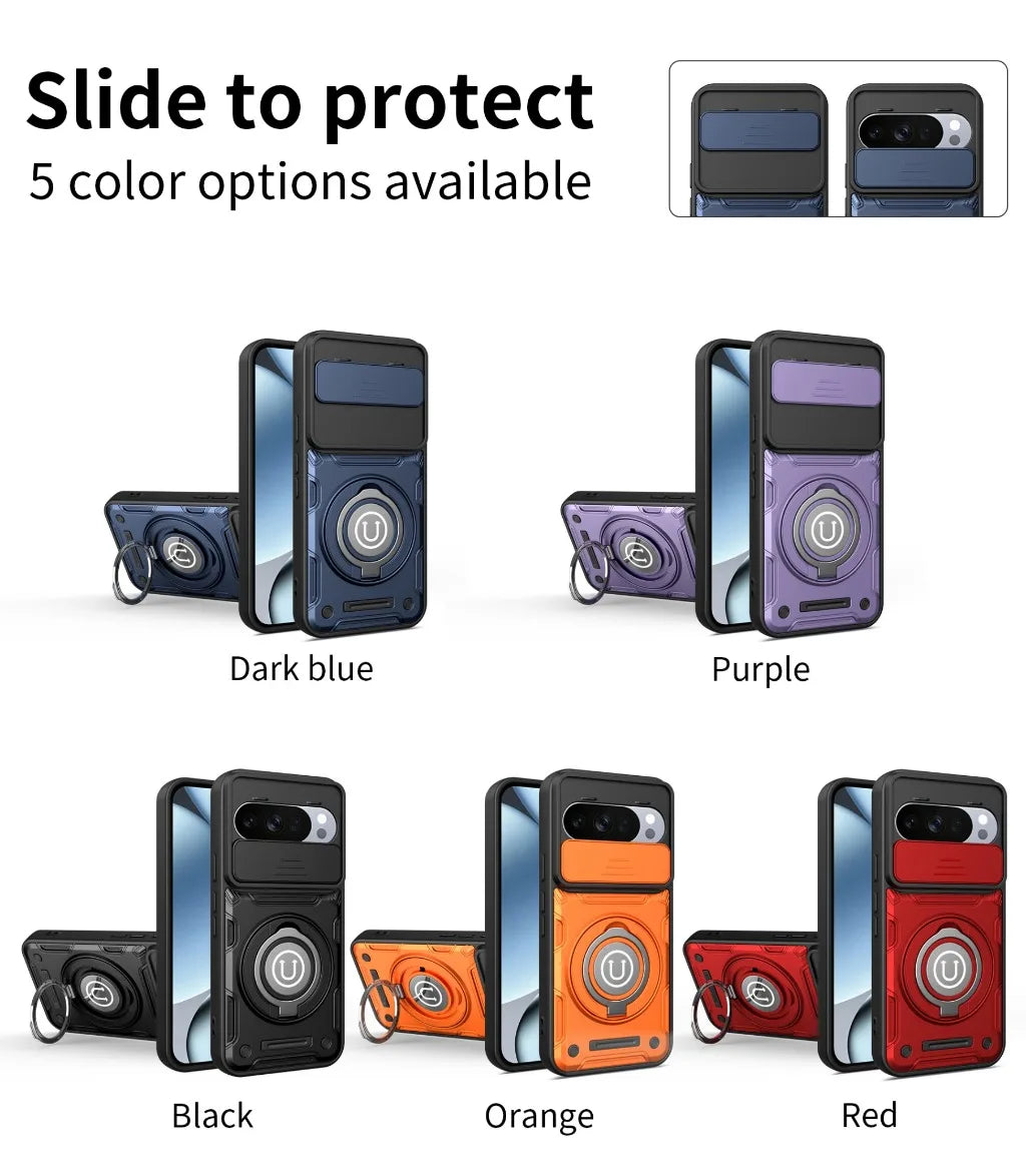 Magnetic Car Mount 360° Ring Kickstand Phone Case with Slide Camera Lens Cover For Google Pixel 9 10 Pro XL Shockproof Cover