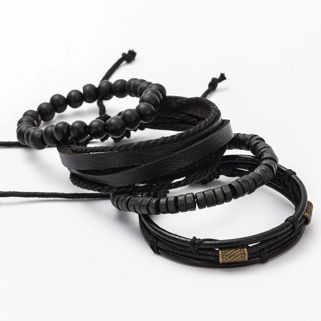 4PCS Fashion Vintage Multi-Layer Wooden Beads Trendy Accessories Men's Bracelet