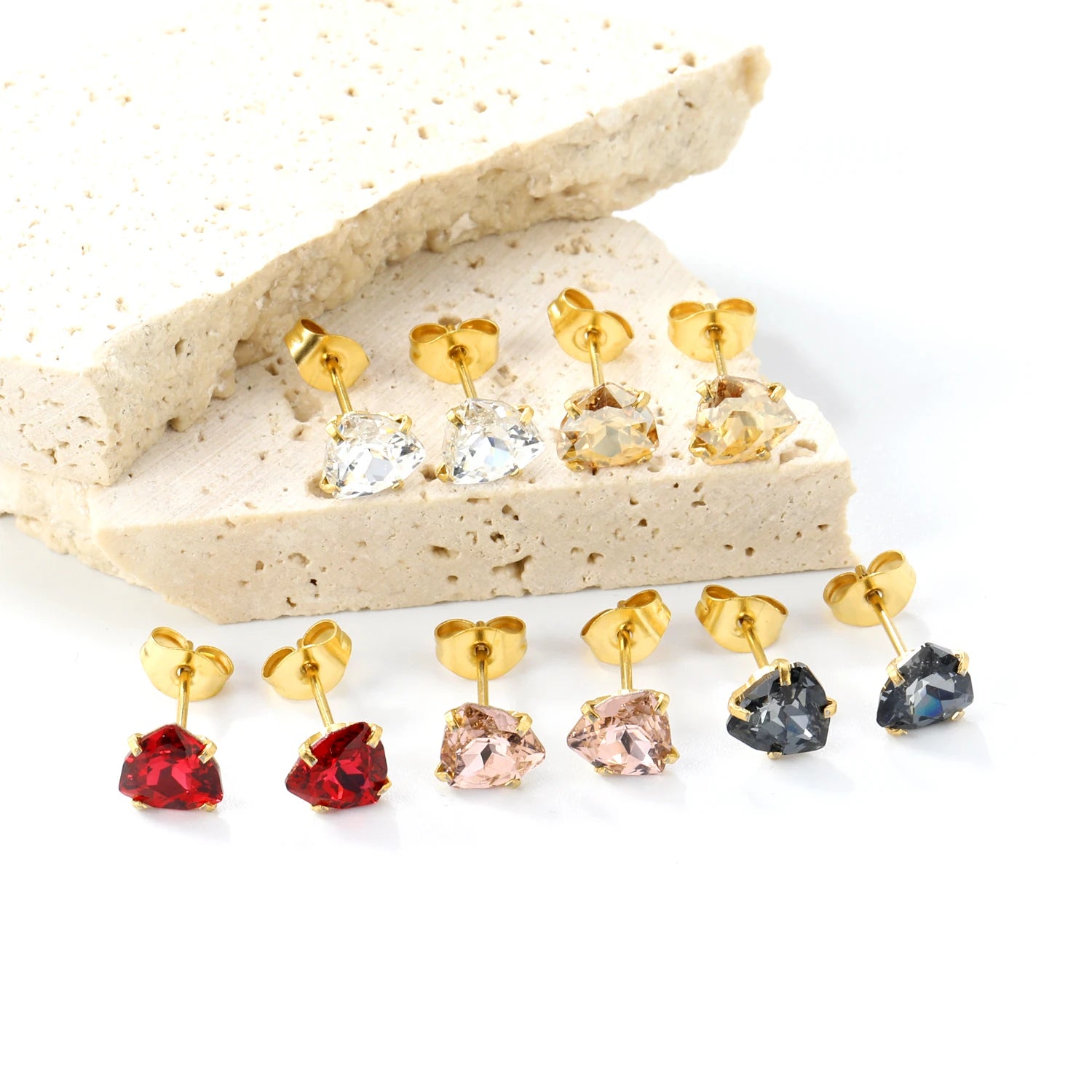 ASONSTEEL 3 Pairs/Lot Shiny Crystal Heart Stud Earrings Set Gold Color Stainless Steel For Women Stylish Romantic Jewelry Gifts