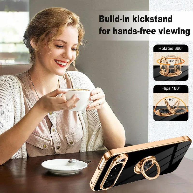 Fashion Slim Soft TPU Gold Plated Phone Cover For Google Pixel 10 9 8 Pro XL Car Magnetic Ring Stand Solid Color Protective Case
