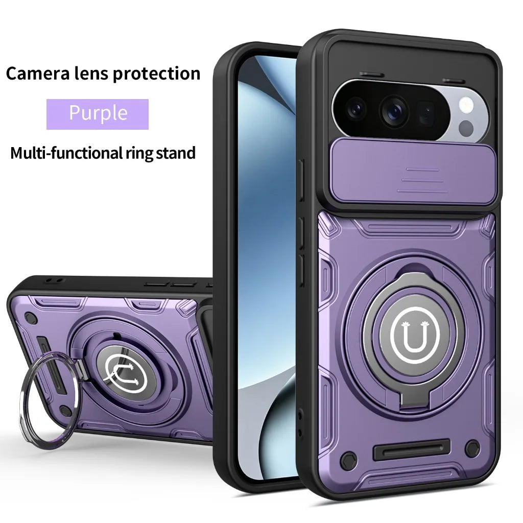 Magnetic Car Mount 360° Ring Kickstand Phone Case with Slide Camera Lens Cover For Google Pixel 9 10 Pro XL Shockproof Cover