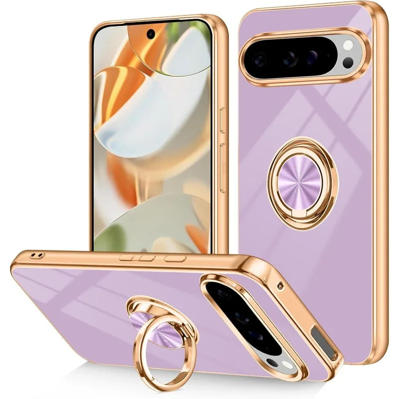Fashion Slim Soft TPU Gold Plated Phone Cover For Google Pixel 10 9 8 Pro XL Car Magnetic Ring Stand Solid Color Protective Case