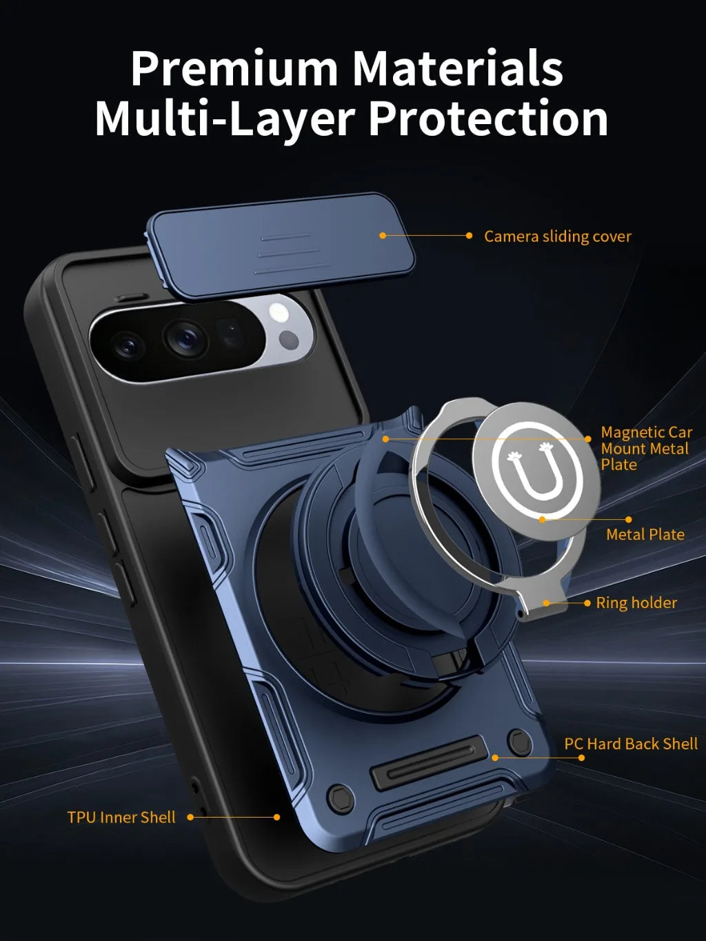 Magnetic Car Mount 360° Ring Kickstand Phone Case with Slide Camera Lens Cover For Google Pixel 9 10 Pro XL Shockproof Cover