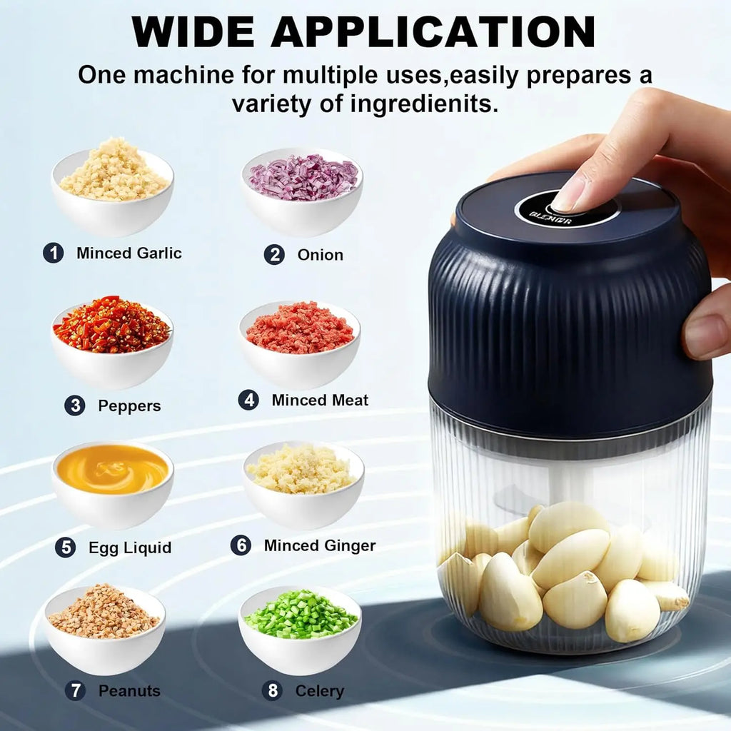 Electric Garlic Chopper, Mini Portable Veggie Chopper, 250ML Garlic Grinder Masher Onion Grinder, Blender to Vegetable, Wireless Food Processor for Ginger, Chili, Fruit, Meat, etc