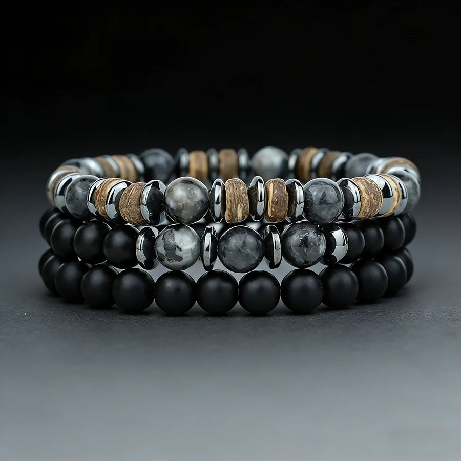 Luxury 3Pcs/Set Natural Stone Bracelet Men 8mm Grade A Onyx Tiger Eyes Wooden Beaded Meditation Braslet Charm Gift For Husband