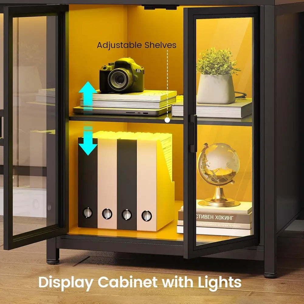 78.7 L-Shaped Gaming Desk with Drawers, Power Outlet, LED Light, Storage Shelves, and Display Cabinet for Home Office or Gaming