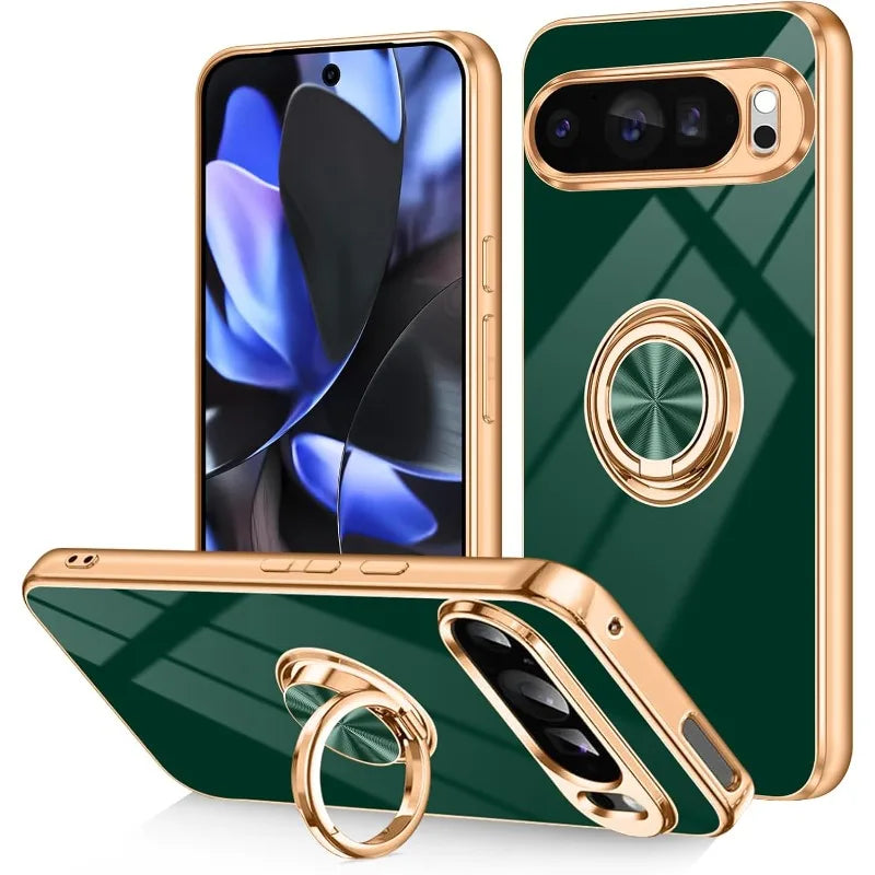 Fashion Slim Soft TPU Gold Plated Phone Cover For Google Pixel 10 9 8 Pro XL Car Magnetic Ring Stand Solid Color Protective Case