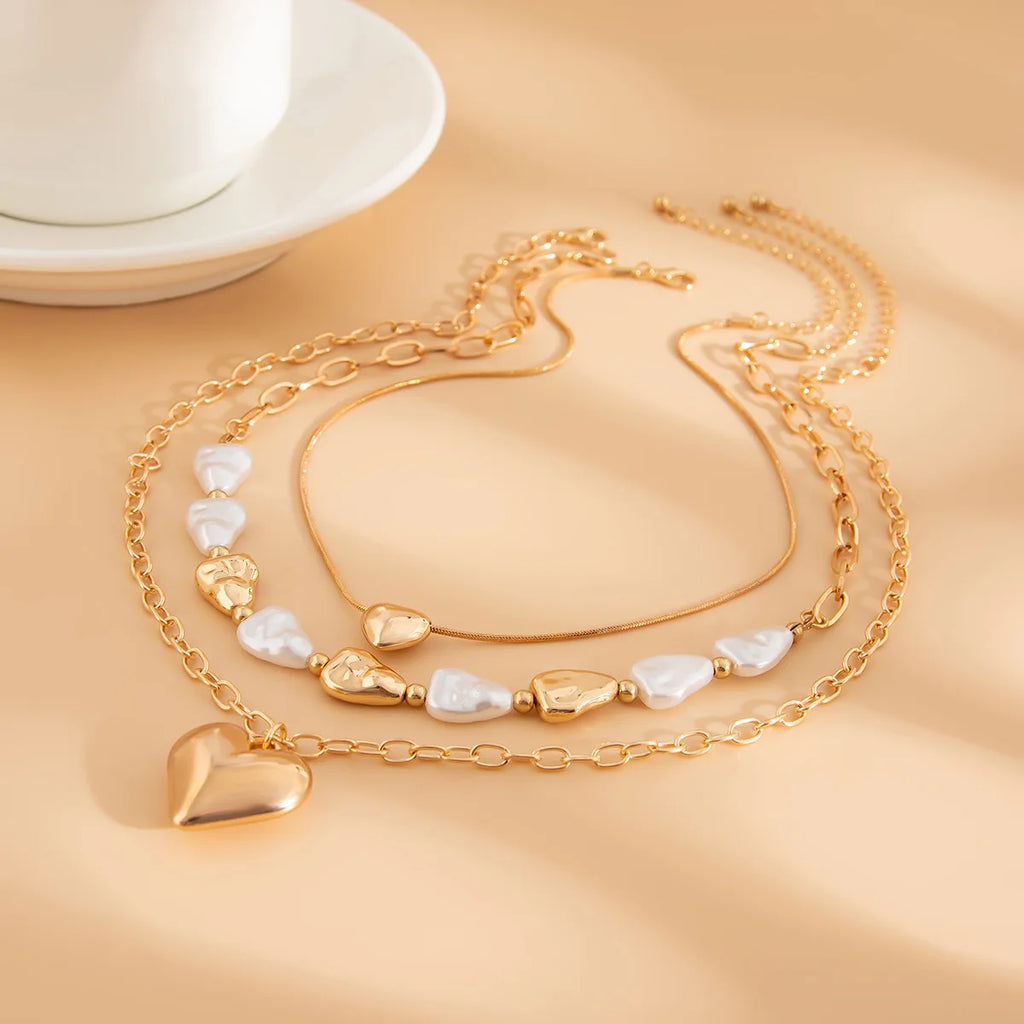 Boho Love Pendant Necklace Women's 2025 Multi Layer Gold Color Metal Imitation Pearl Girl Fashion Couple Fashion Jewelry