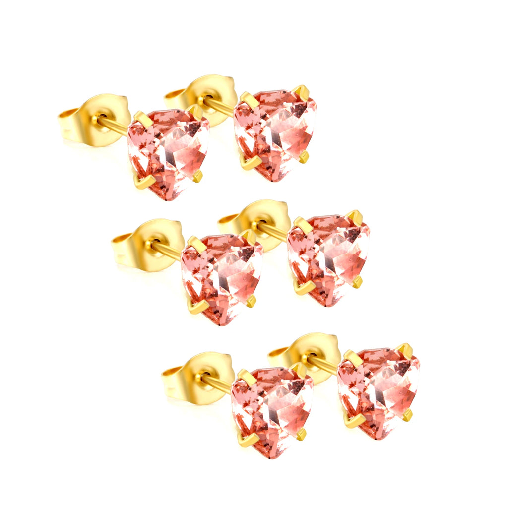 ASONSTEEL 3 Pairs/Lot Shiny Crystal Heart Stud Earrings Set Gold Color Stainless Steel For Women Stylish Romantic Jewelry Gifts