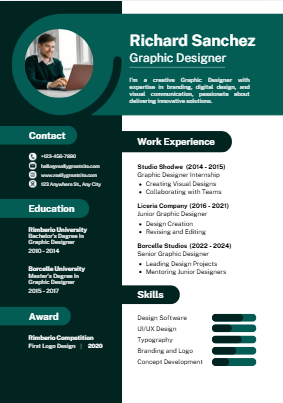 A dark green and white resume/CV template
