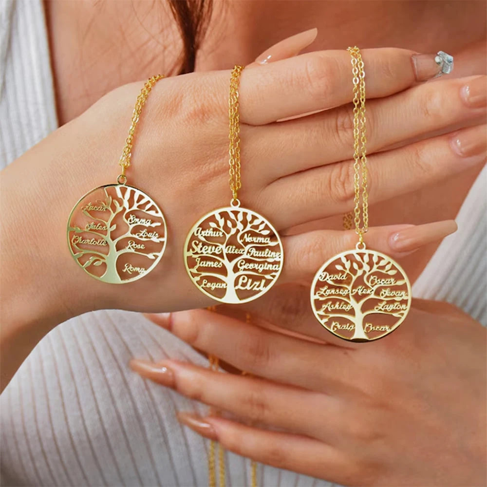 Custom Tree of Life Name Necklace for Women Personalized Mother Kids Family Member Gold Stainless Steel Pendant Choker Jewelry