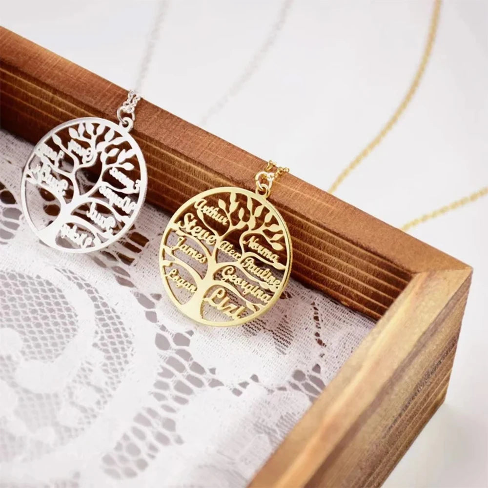 Custom Tree of Life Name Necklace for Women Personalized Mother Kids Family Member Gold Stainless Steel Pendant Choker Jewelry