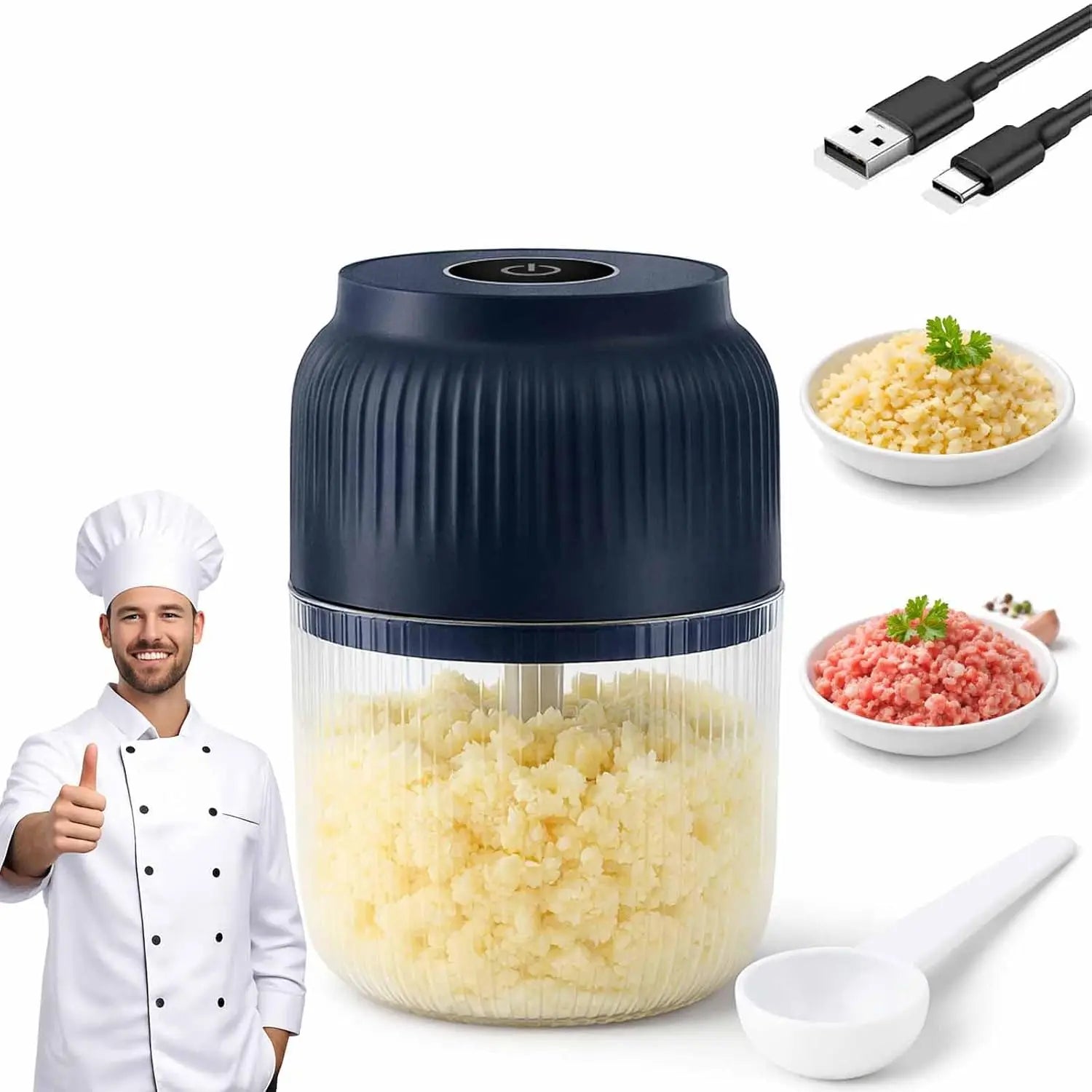Electric Garlic Chopper, Mini Portable Veggie Chopper, 250ML Garlic Grinder Masher Onion Grinder, Blender to Vegetable, Wireless Food Processor for Ginger, Chili, Fruit, Meat, etc