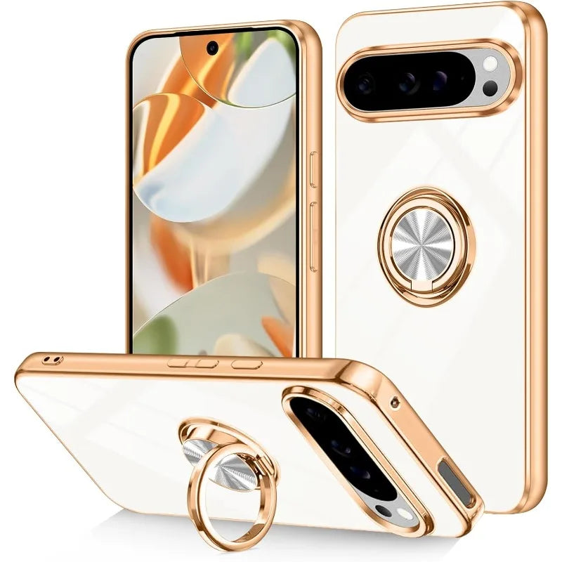 Fashion Slim Soft TPU Gold Plated Phone Cover For Google Pixel 10 9 8 Pro XL Car Magnetic Ring Stand Solid Color Protective Case