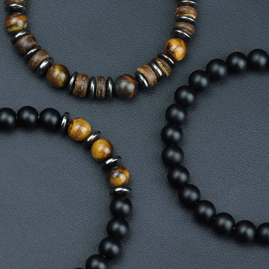 Luxury 3Pcs/Set Natural Stone Bracelet Men 8mm Grade A Onyx Tiger Eyes Wooden Beaded Meditation Braslet Charm Gift For Husband