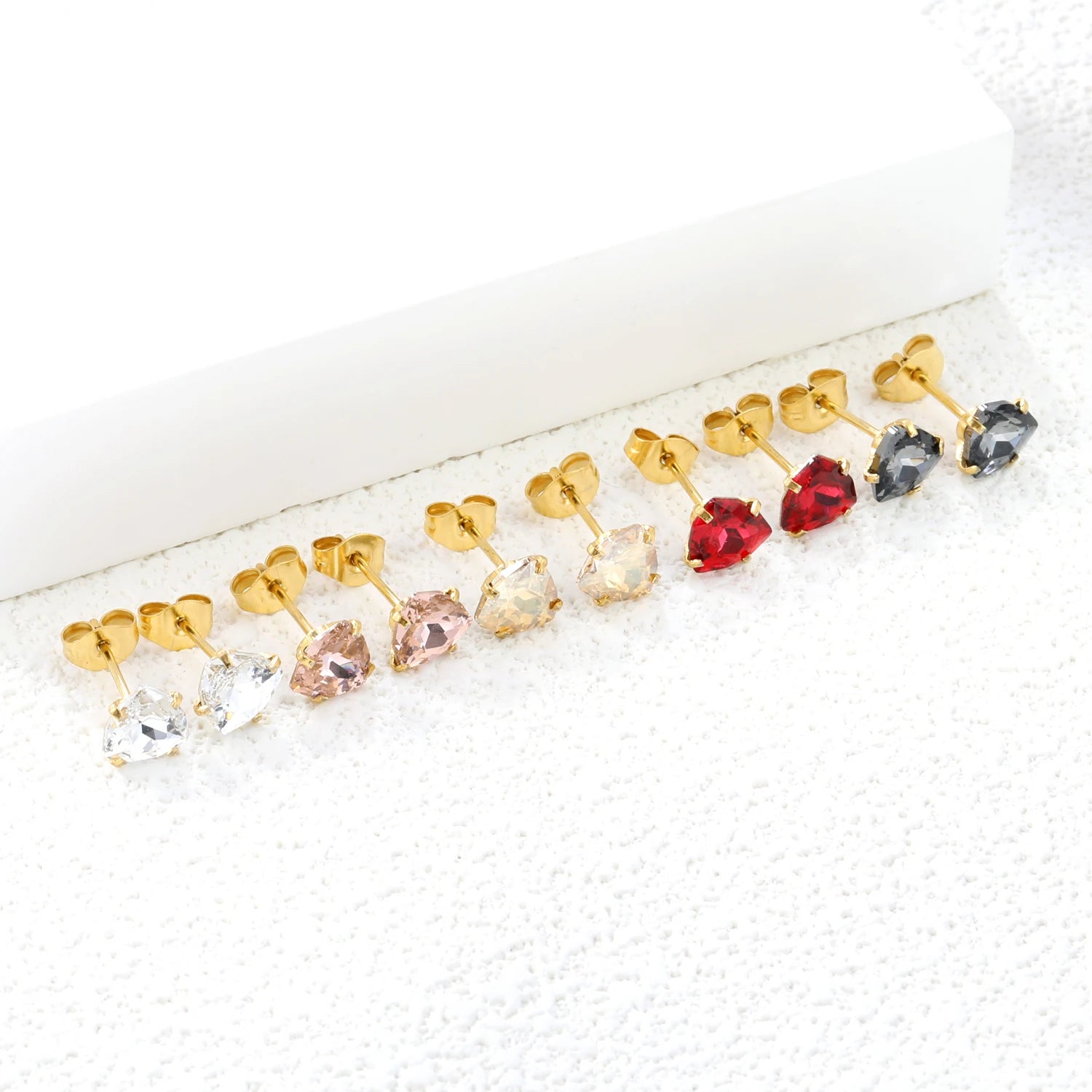 ASONSTEEL 3 Pairs/Lot Shiny Crystal Heart Stud Earrings Set Gold Color Stainless Steel For Women Stylish Romantic Jewelry Gifts