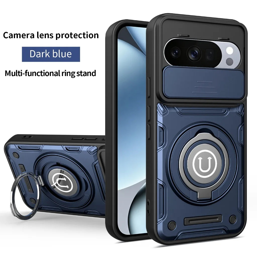 Magnetic Car Mount 360° Ring Kickstand Phone Case with Slide Camera Lens Cover For Google Pixel 9 10 Pro XL Shockproof Cover