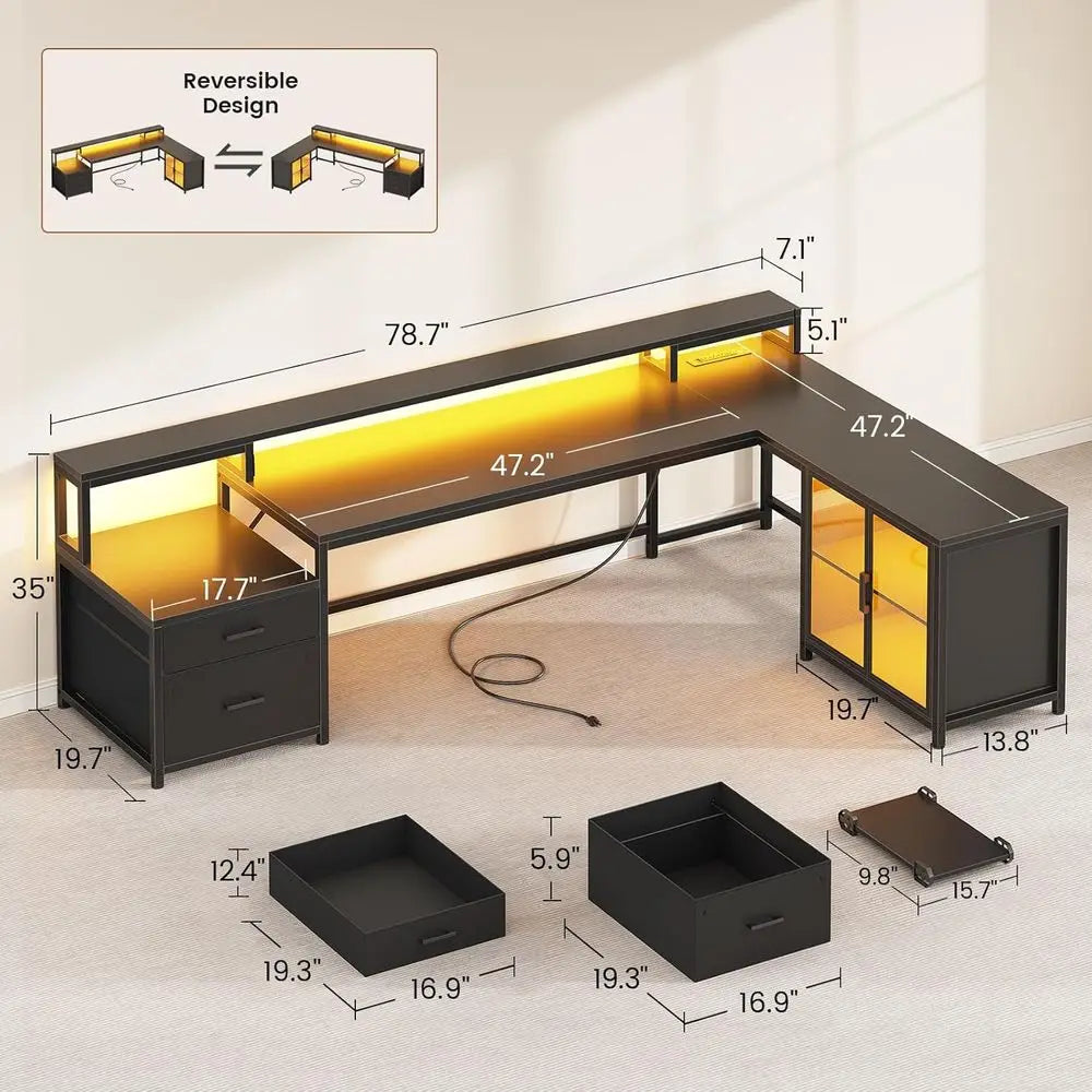 78.7 L-Shaped Gaming Desk with Drawers, Power Outlet, LED Light, Storage Shelves, and Display Cabinet for Home Office or Gaming
