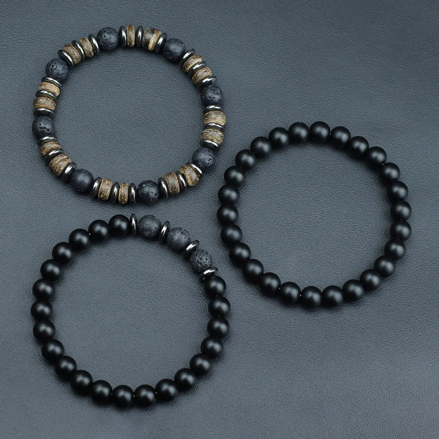 Luxury 3Pcs/Set Natural Stone Bracelet Men 8mm Grade A Onyx Tiger Eyes Wooden Beaded Meditation Braslet Charm Gift For Husband