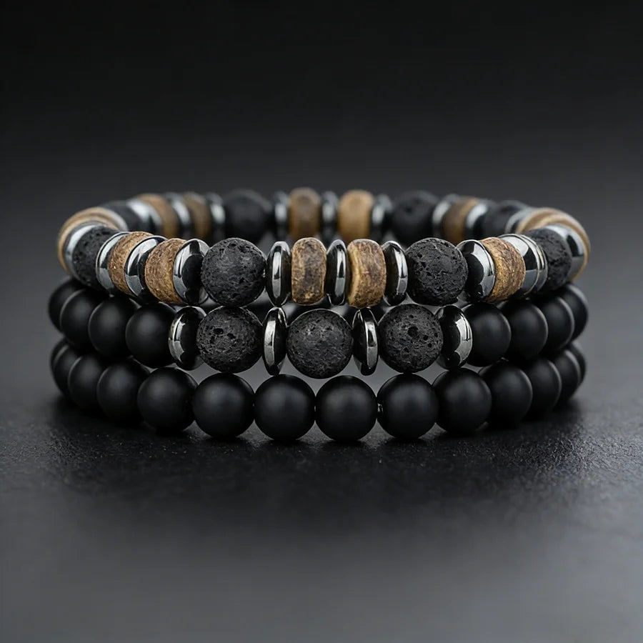 Luxury 3Pcs/Set Natural Stone Bracelet Men 8mm Grade A Onyx Tiger Eyes Wooden Beaded Meditation Braslet Charm Gift For Husband