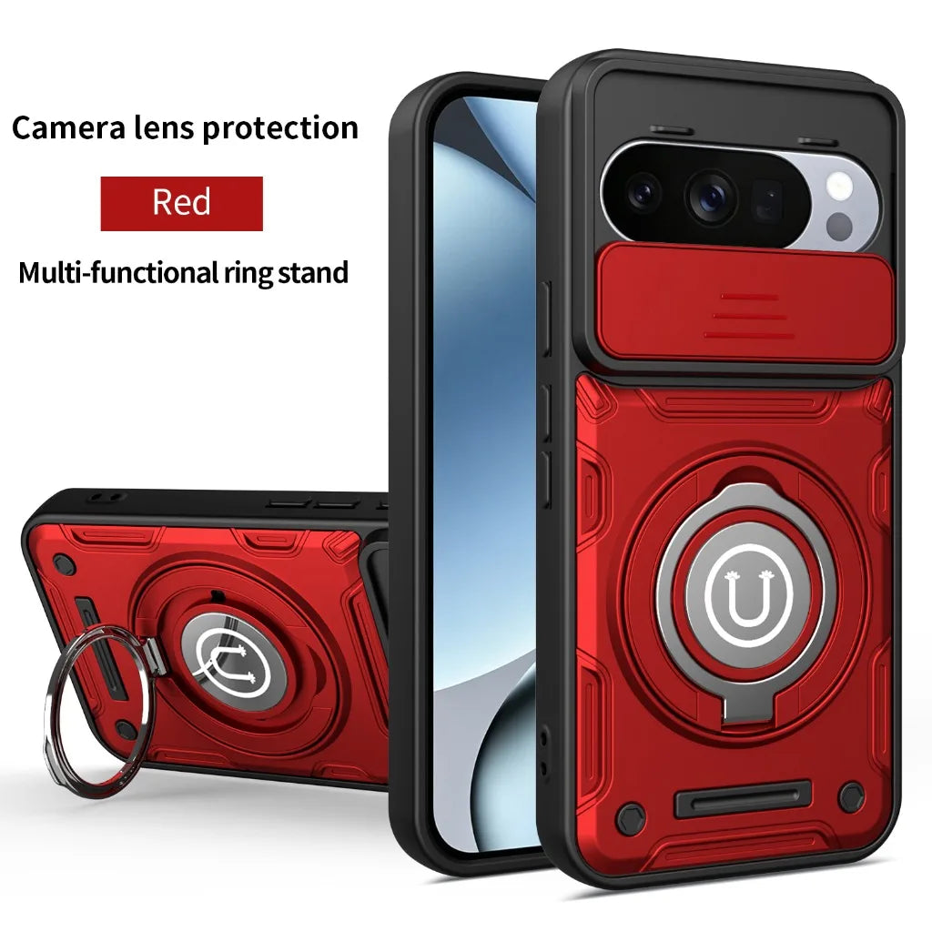 Magnetic Car Mount 360° Ring Kickstand Phone Case with Slide Camera Lens Cover For Google Pixel 9 10 Pro XL Shockproof Cover