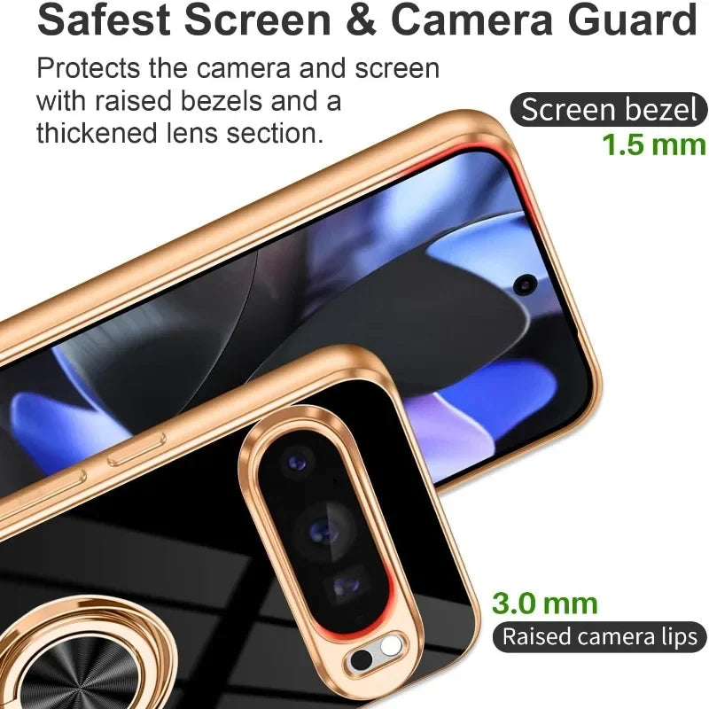 Fashion Slim Soft TPU Gold Plated Phone Cover For Google Pixel 10 9 8 Pro XL Car Magnetic Ring Stand Solid Color Protective Case