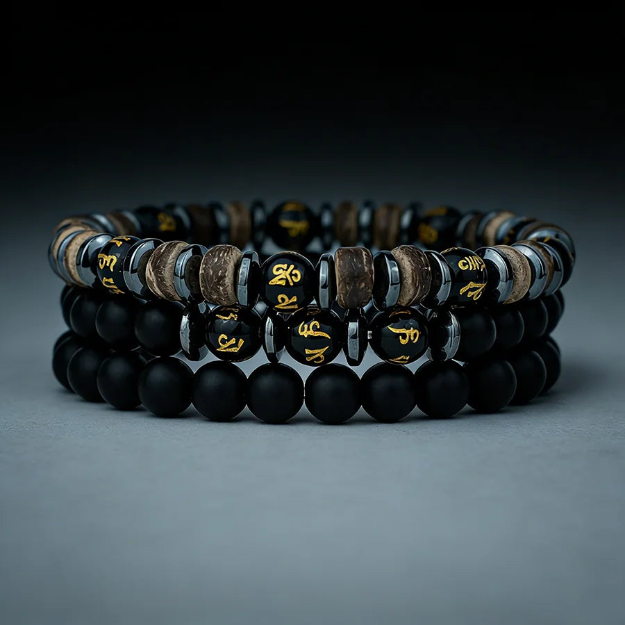 Luxury 3Pcs/Set Natural Stone Bracelet Men 8mm Grade A Onyx Tiger Eyes Wooden Beaded Meditation Braslet Charm Gift For Husband