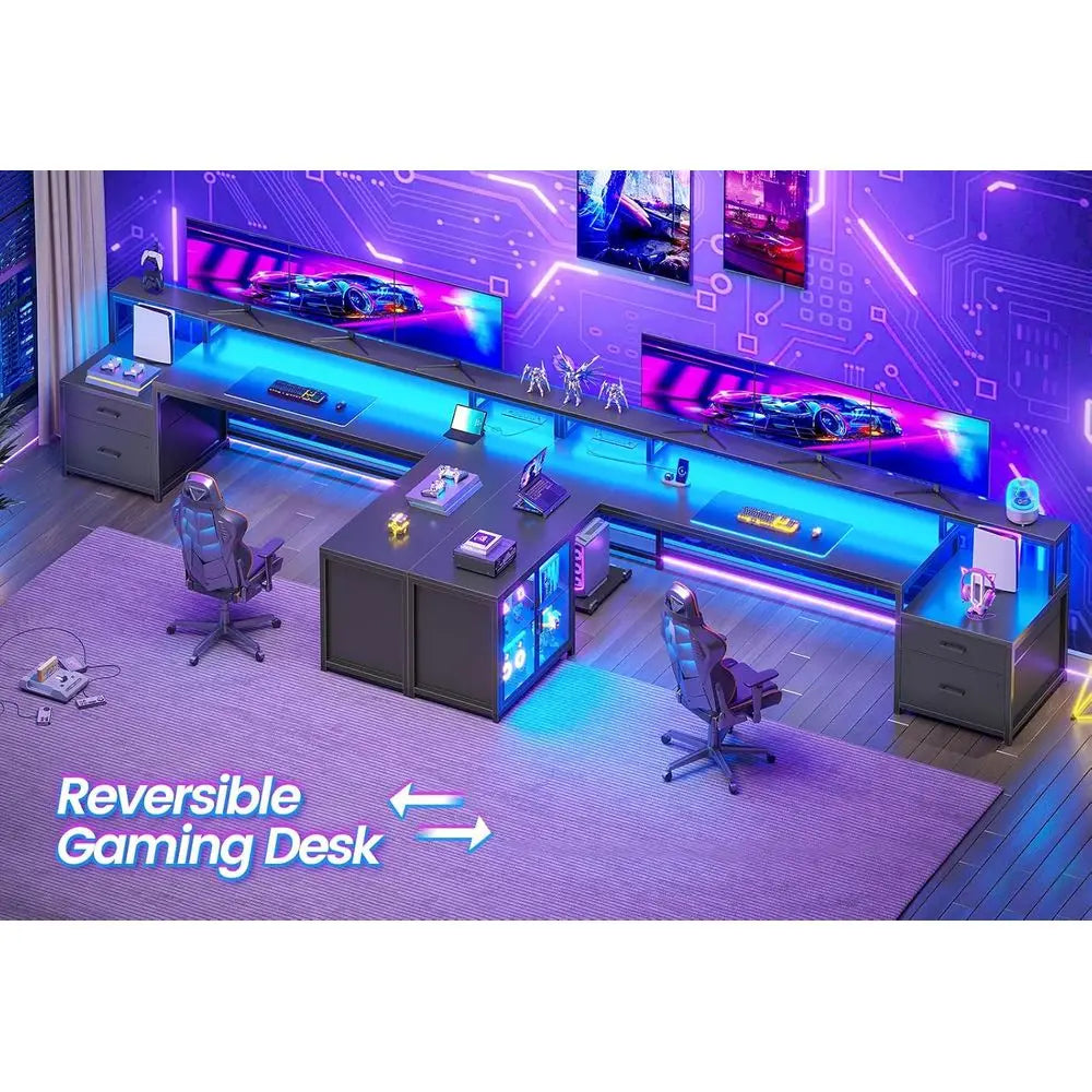 78.7 L-Shaped Gaming Desk with Drawers, Power Outlet, LED Light, Storage Shelves, and Display Cabinet for Home Office or Gaming