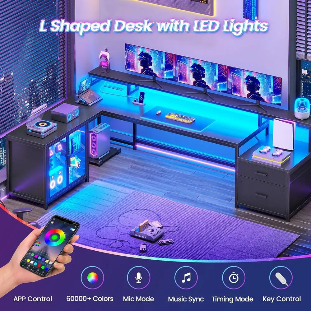 78.7 L-Shaped Gaming Desk with Drawers, Power Outlet, LED Light, Storage Shelves, and Display Cabinet for Home Office or Gaming