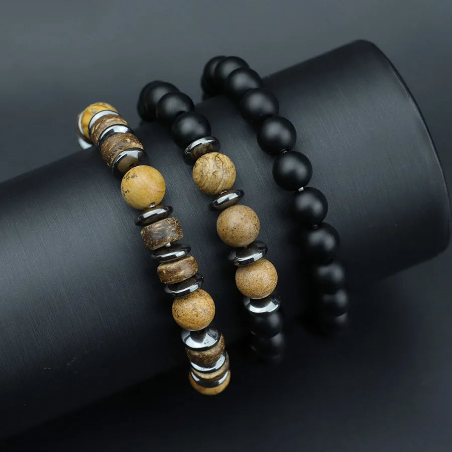 Luxury 3Pcs/Set Natural Stone Bracelet Men 8mm Grade A Onyx Tiger Eyes Wooden Beaded Meditation Braslet Charm Gift For Husband