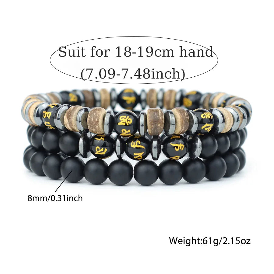 Luxury 3Pcs/Set Natural Stone Bracelet Men 8mm Grade A Onyx Tiger Eyes Wooden Beaded Meditation Braslet Charm Gift For Husband