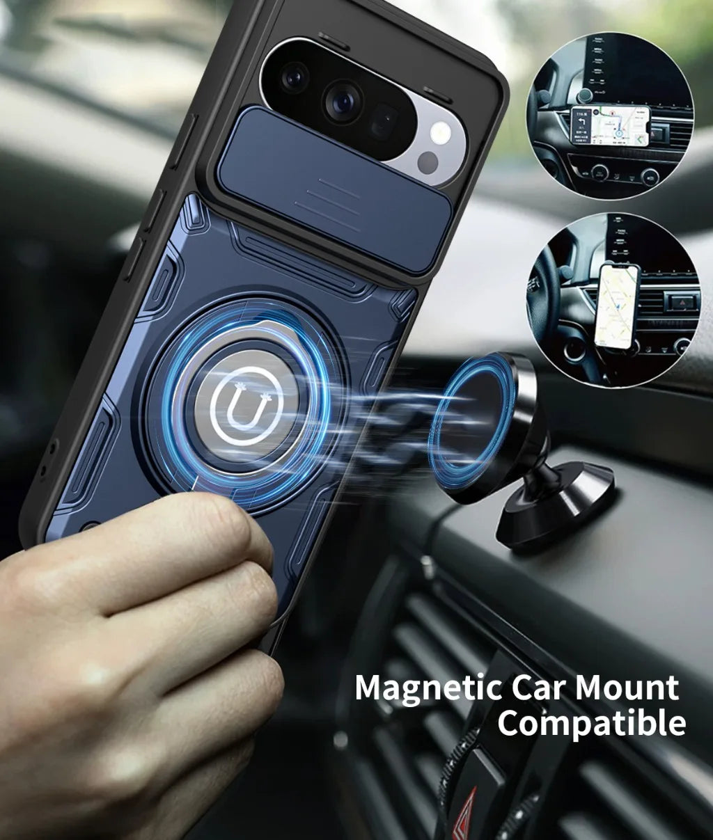Magnetic Car Mount 360° Ring Kickstand Phone Case with Slide Camera Lens Cover For Google Pixel 9 10 Pro XL Shockproof Cover