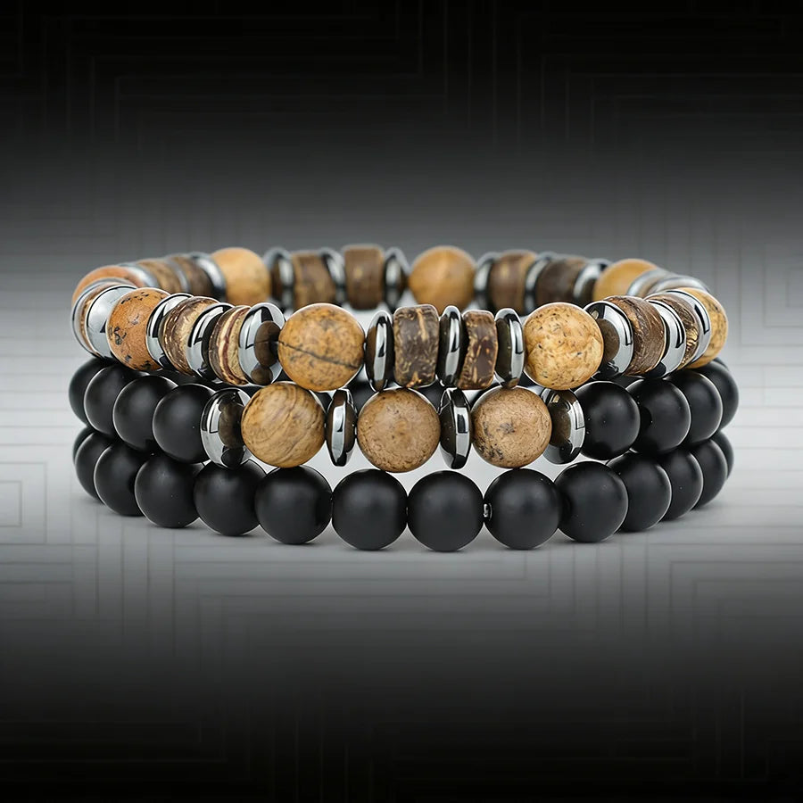 Luxury 3Pcs/Set Natural Stone Bracelet Men 8mm Grade A Onyx Tiger Eyes Wooden Beaded Meditation Braslet Charm Gift For Husband