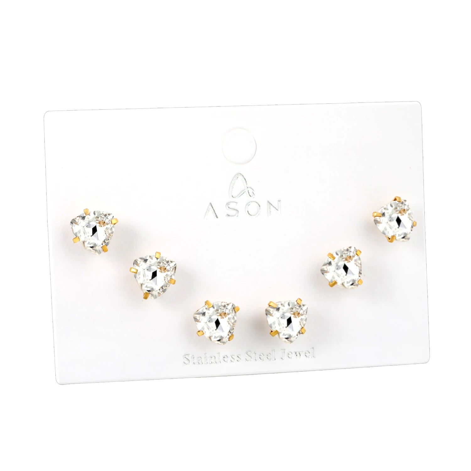 ASONSTEEL 3 Pairs/Lot Shiny Crystal Heart Stud Earrings Set Gold Color Stainless Steel For Women Stylish Romantic Jewelry Gifts