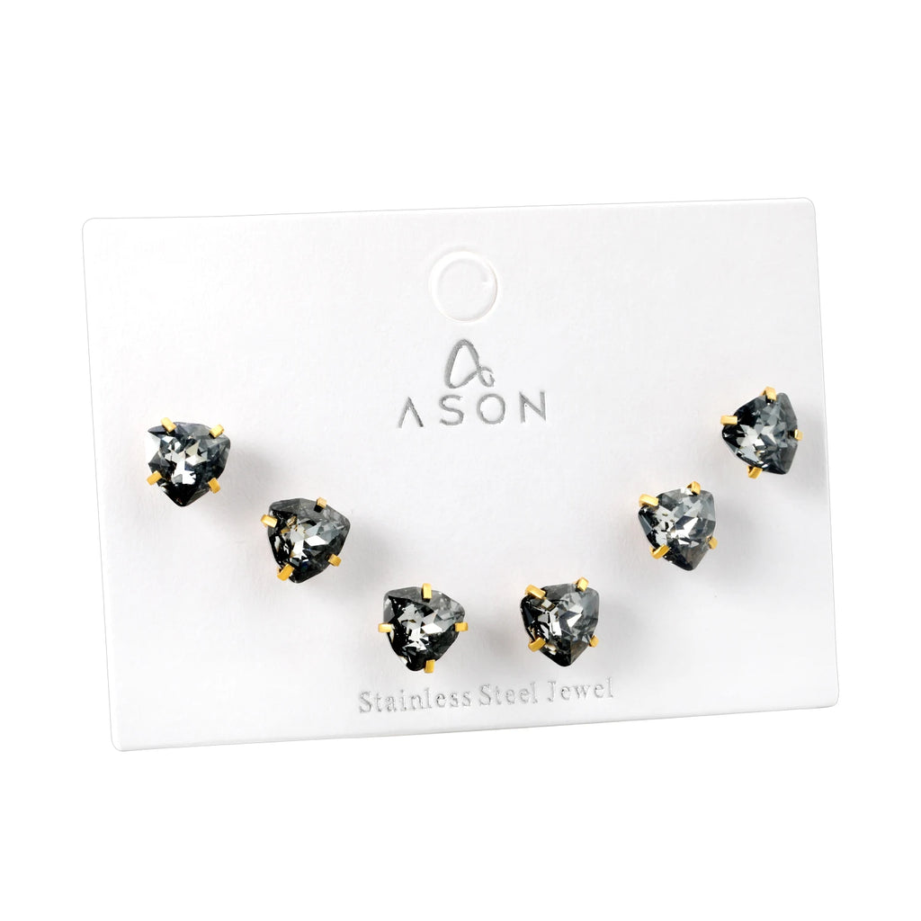 ASONSTEEL 3 Pairs/Lot Shiny Crystal Heart Stud Earrings Set Gold Color Stainless Steel For Women Stylish Romantic Jewelry Gifts